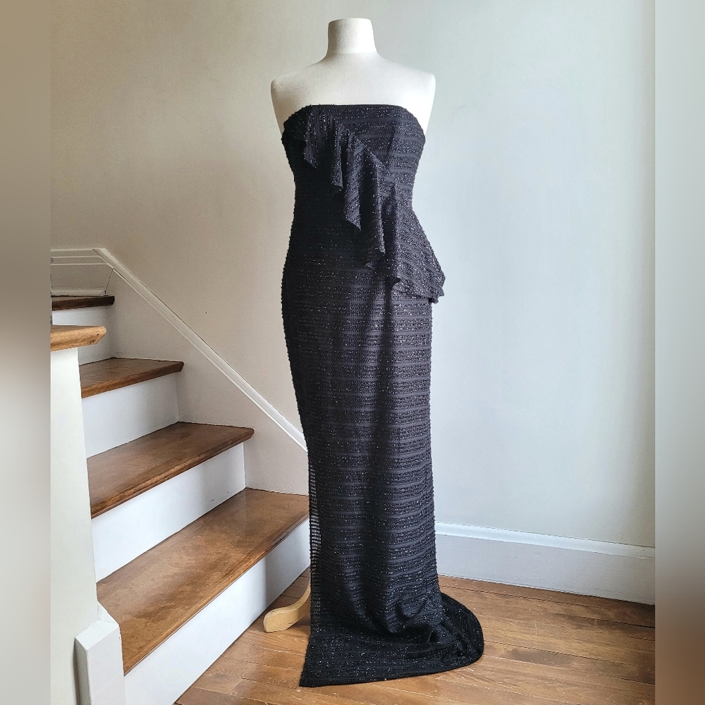 NWOT HALSTON Formal Shimmer Black Strapless Bustier Ruffles Slit Long  Gown 6